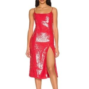 Bardot Red Sequin Midi Dress with Slit - Small